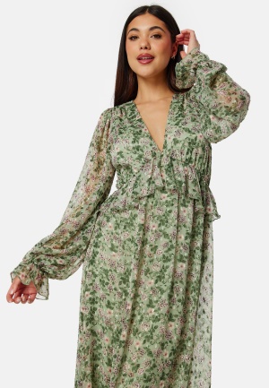 Bubbleroom Occasion Frill L/S Chiffon Midi Dress Green/Floral 4XL