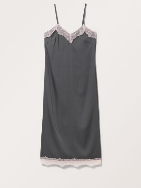 Satin Lace Slip Dress - Grey