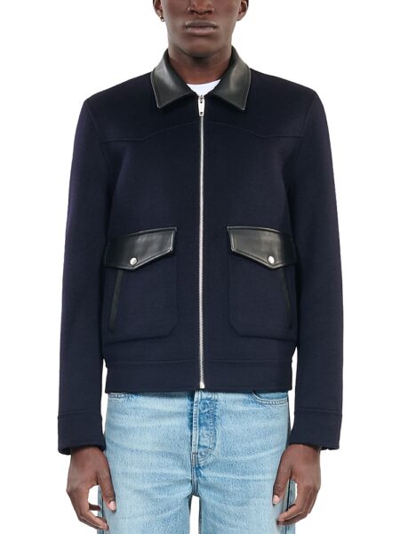 The Kooples Wool & Nylon Double Faced Leather Trimmed Full Zip Jacket