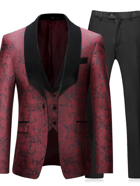 Allthemen Herre 3-delt bryllupsblomster slim fit blazer &vest &bukser Rød 3XL