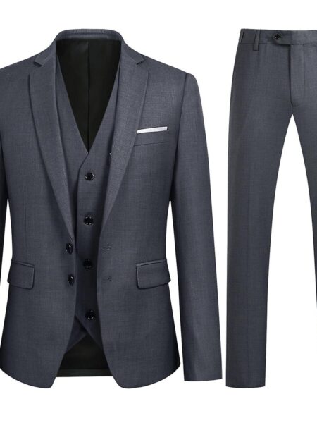 Allthemen Herre 3-delt jakkesæt Business Wedding Solid Color Slim-fit Blazer og bukser og vest Mørk grå 3XL