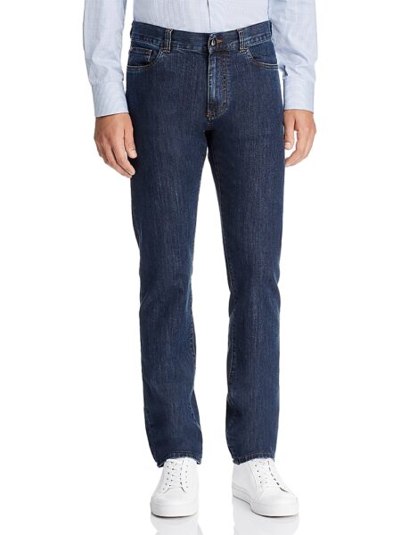 Canali Dark Wash Stretch Denim Straight Fit Jeans in Blue