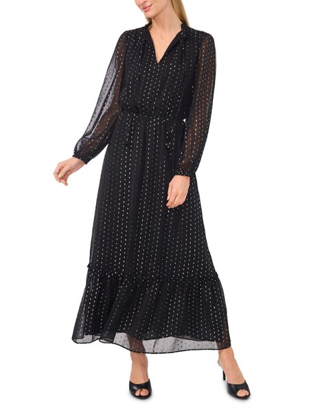 CeCe Tie Neck Balloon Sleeve Maxi Dress