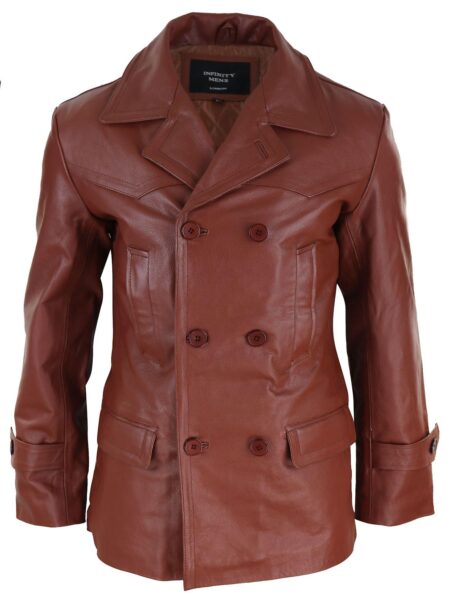 Infinity Leather Mænds 3/4 dobbeltradet ægte læder Kreigsmarine Uboat jakke Cognac 3XL