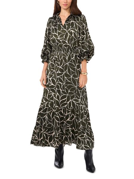 Vince Camuto Printed Smocked Long Sleeve Maxi Dress