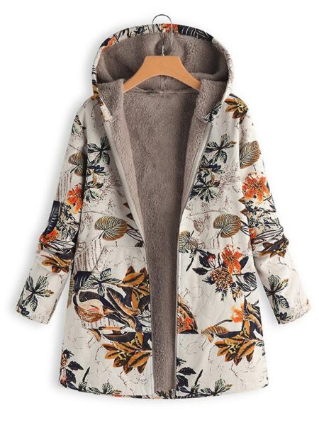 Damejakker Frakker Boho Blomster Blade Print Fleece Foret hætte til ferie fødselsdagsgave Hvid orange 1 3XL