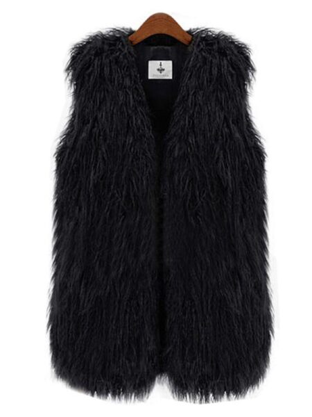 Kvinder Shaggy Faux Fur Vest Vest Jakke Frakke Frakke Gilet Høj kvalitet Sort XL