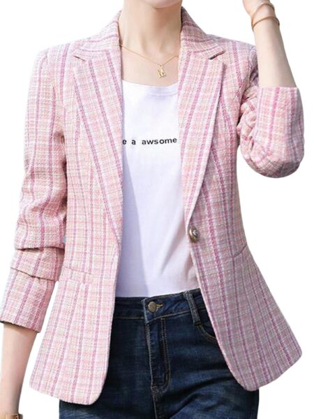 Kvinder Spring Solid Color Jakker Classic Plaid Double Breasted Tweed Blazer For Working Driving Travel Outfit Pink 2XL