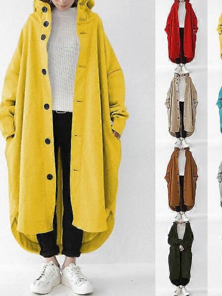 Plus size kvinder lang jakke trenchcoat Baggy Overcoat Knap Åben Varmt overtøj Gul 5XL