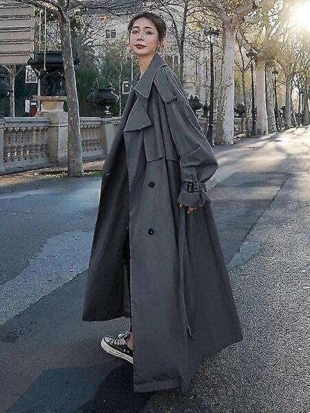 Trenchcoat til kvinder Løs overdimensioneret lang jakke Dobbeltradet bælte Lady Cloak Grey Windbreaker G XXL