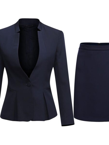 Yynuda Womens 2-delt Stand Collar Solid Color Business Suit Office Lady Slim Professional Dress (blazer + nederdel) Marineblå 2XL